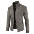 Men's cable knit cardigan in coffee grey featuring stand collar and warm plaid fleece lining - M / Tops / Coffee