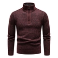 Men's half-zip fleece knit sweater in wine red heather with ribbed stand-up collar - M / Tops / Burgundy