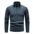 Men's half-zip knit sweater in dark blue and grey marl with textured stand collar - M / Tops / Blue