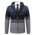 Men's hooded knit cardigan with blue and grey color block stripes and fleece lining - M / Blue-Gray