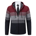 Men's hooded knit cardigan with burgundy, grey and navy blue stripes and fleece lining - M / Red