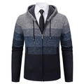 Men's hooded knitted cardigan jacket with gradient stripes and warm fleece lining - M / Light Gray