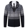 Men's hooded knit cardigan jacket with gray gradient horizontal stripes and zipper - Dark Gray