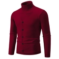 Men's slim fit turtleneck knit sweater in burgundy with mock buttoned cardigan design - Burgundy