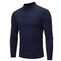 Slim fit dark blue men's mock neck long sleeve shirt for autumn and winter layering - Navy Blue