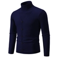 Men's navy blue faux two-piece turtleneck sweater with V-neck button cardigan design - Navy Blue