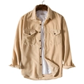 Detail view of khaki corduroy shirt with dual chest pockets and textured fabric - Khaki