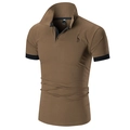 Detailed view of giraffe embroidery on a men's brown polo shirt with black trim - Coffee