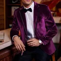 Slim fit men's velvet blazer in deep grape purple with black satin lapel detail - Purple