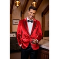 Giacca da uomo slim fit in velluto rosso con revers in raso nero per eventi formali - Rosso