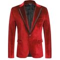 Slim fit red velvet blazer for men with black peaked lapels and single button closure - M / Tops / Red