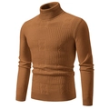 Men's brown turtleneck sweater with geometric knit texture and ribbed cuffs - Caramel color