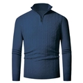 Close-up of navy blue men's quarter-zip sweater with cable knit texture and ribbed hem - Navy Blue