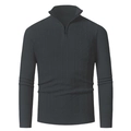 Detail of men's charcoal grey cable-knit sweater featuring a quarter-zip mock neck collar - M / Tops / Black