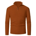 Detailed view of men's cable knit sweater featuring a quarter-zip collar and ribbed cuffs - Caramel color