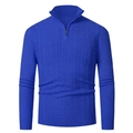 Detail of royal blue knitted sweater featuring vertical cable knit pattern and 1/4 zipper - Sapphire Blue