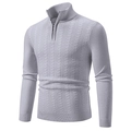 Pull pour homme en tricot gris clair avec demi-fermeture éclair et motif de torsades doux - M / Hauts / Gris clair