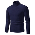 Men's navy blue turtleneck knit sweater with 3D checkered patterns and ribbed cuffs - Navy Blue