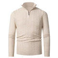 Men's slim fit quarter-zip knit sweater in beige with cable knit texture and high neck - M / Tops / Off White
