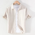 Men's breathable beige linen short sleeve shirt with button-down collar on wooden hanger - Khaki