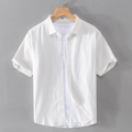 Chemise homme à manches courtes en coton et lin blanc avec col classique et boutonnière - M / Hauts / Blanc
