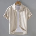 Men's loose short-sleeve beige linen shirt with button-down collar for beach casual wear - Apricot