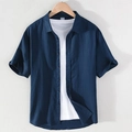 Men's navy blue short sleeve cotton linen shirt over white t-shirt on wooden hanger - Navy Blue