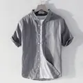 Men's casual grey short-sleeve shirt with a cotton-linen texture and a white inner t-shirt - Dark Gray