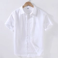 Men's minimalist white short-sleeved cotton linen shirt with button-down collar design - White