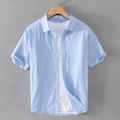 Chemise homme bleu clair en coton et lin à manches courtes avec col classique à boutons - M / Hauts / Bleu ciel