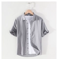 Short sleeve light grey cotton shirt with a classic collar and rolled cuff detail - Gray