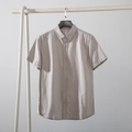 Men's summer short sleeve cotton linen shirt in light beige with button closure - Gray