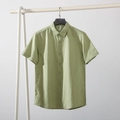 Men's light green breathable cotton linen short sleeve shirt with button-down collar - Grass Green