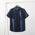 Men's summer navy blue short sleeve linen shirt in breathable solid color fabric - Navy Blue