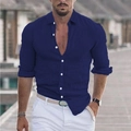 Men's navy blue long sleeve cotton linen beach shirt with lapel collar for summer vacation - Navy Blue