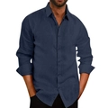 Men's navy blue long sleeve cotton linen shirt with classic lapel collar and buttons - Navy Blue