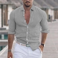 Men's light grey cotton linen long sleeve beach shirt with classic lapel and slim fit design - S / Gray
