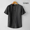 Camiseta Henley de lino gris oscuro para hombre con costura diagonal y manga corta - M / Tops / Negro