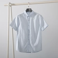Men's light blue cotton linen short sleeve shirt with button-down collar and breathable fabric - Sky Blue