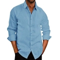 Men's light blue breathable linen long sleeve button-down shirt with a classic lapel collar - Sky Blue
