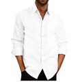 Classic white linen long sleeve shirt for men with lapel collar and casual button down fit - White