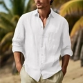 Men's white cotton linen long sleeve shirt in casual beach style with button detail - White
