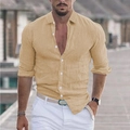 Men's khaki linen long sleeve beach shirt with classic lapel collar and button closure - Khaki
