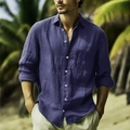 Men's navy blue cotton linen long sleeve shirt for summer beach holiday casual wear - Dark Blue