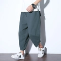 Pantaloni harem da uomo in lino verde scuro con coulisse in vita e vestibilità comoda - Grigio