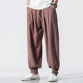 Men's linen harem pants in terracotta red brown with adjustable button cuffs and drawstring - Brown