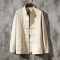 Chemise homme en coton et lin rétro avec col officier et boutons chinois à nœuds - Kaki