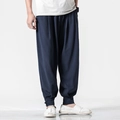 Men's loose linen harem pants in dark blue with drawstring waist and oriental buttons - Blue