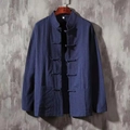 Chemise homme en coton et lin bleu marine avec boutons traditionnels et col montant - Bleu marine