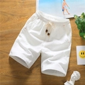 Men's white cotton linen casual shorts with drawstring and natural wood beads detail - L / White